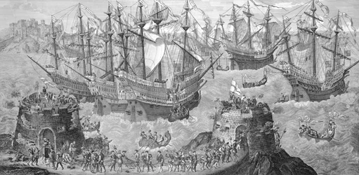 Die Einschiffung von Heinrich VIII. (1491-1547) in Dover, 31. Mai 1520, zur Vorbereitung seines Treffens mit dem französischen König Franz I. (1494-1547), veröffentlicht 1781, graviert von James Basire